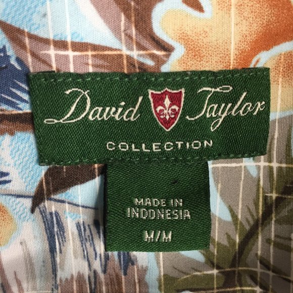 David Taylor Hawaiian Aloha Shirt Mens M Blue Button Down Outrigger Hibiscus - Picture 3 of 7